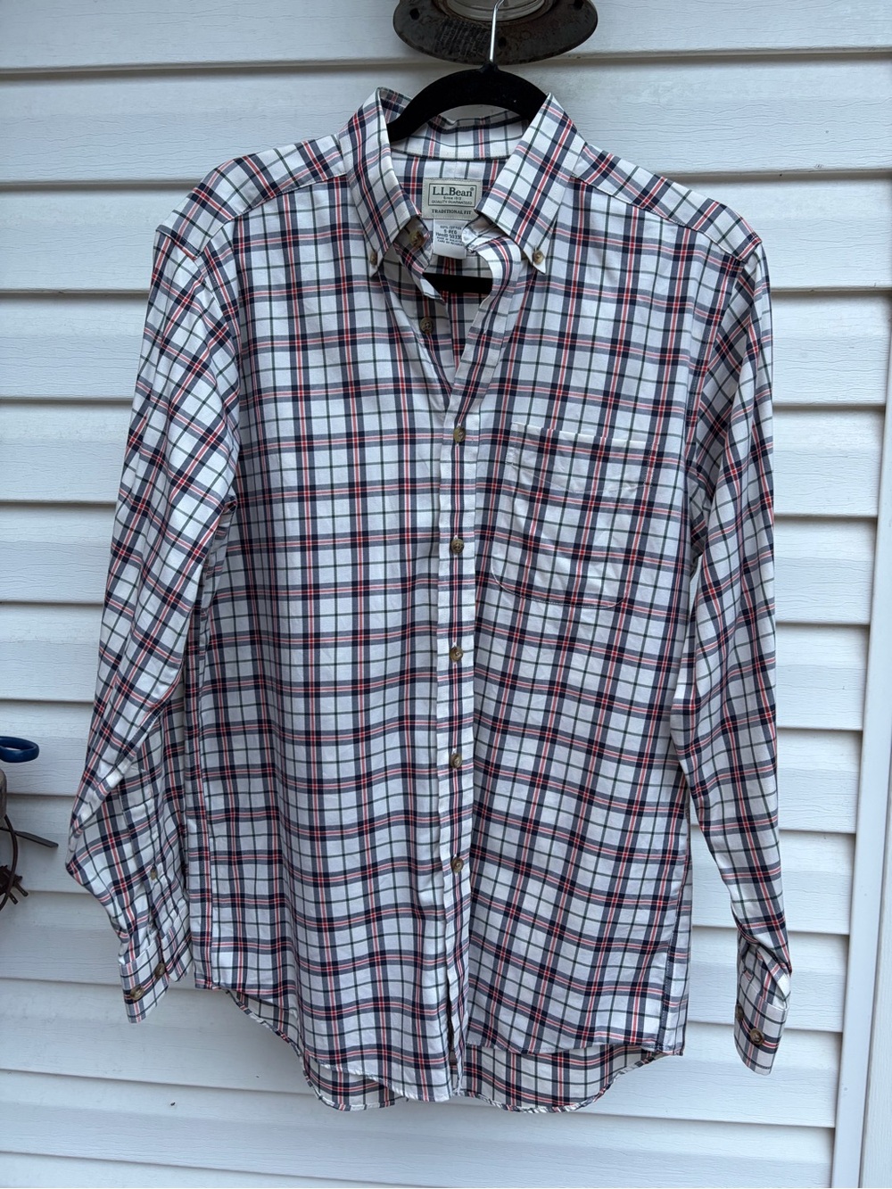 L.L. Bean Men's White Plaid Button-Down Shirt with Red and Navy Stripes